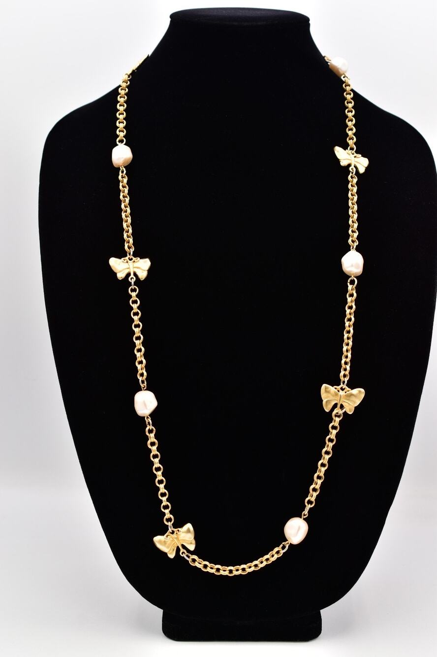 Givenchy Vintage Butterfly Pearl Necklace Brushed Gold Chunky Signed 1980s Bin7A